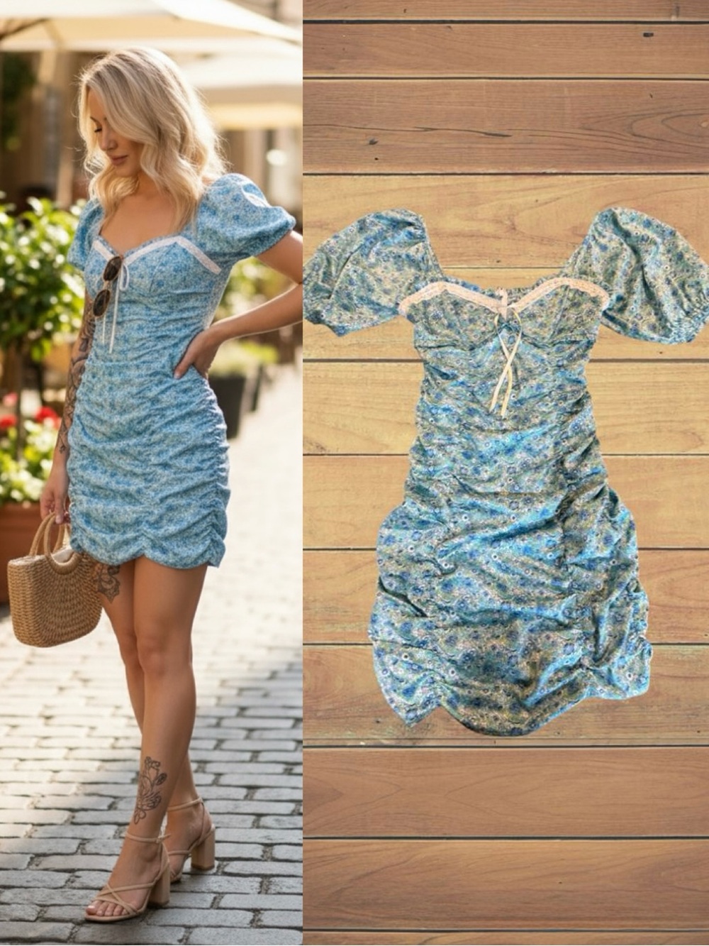 For Love & Lemons X VS Alana Ruched Mini Dress Puff Sleeves Blue Floral Small